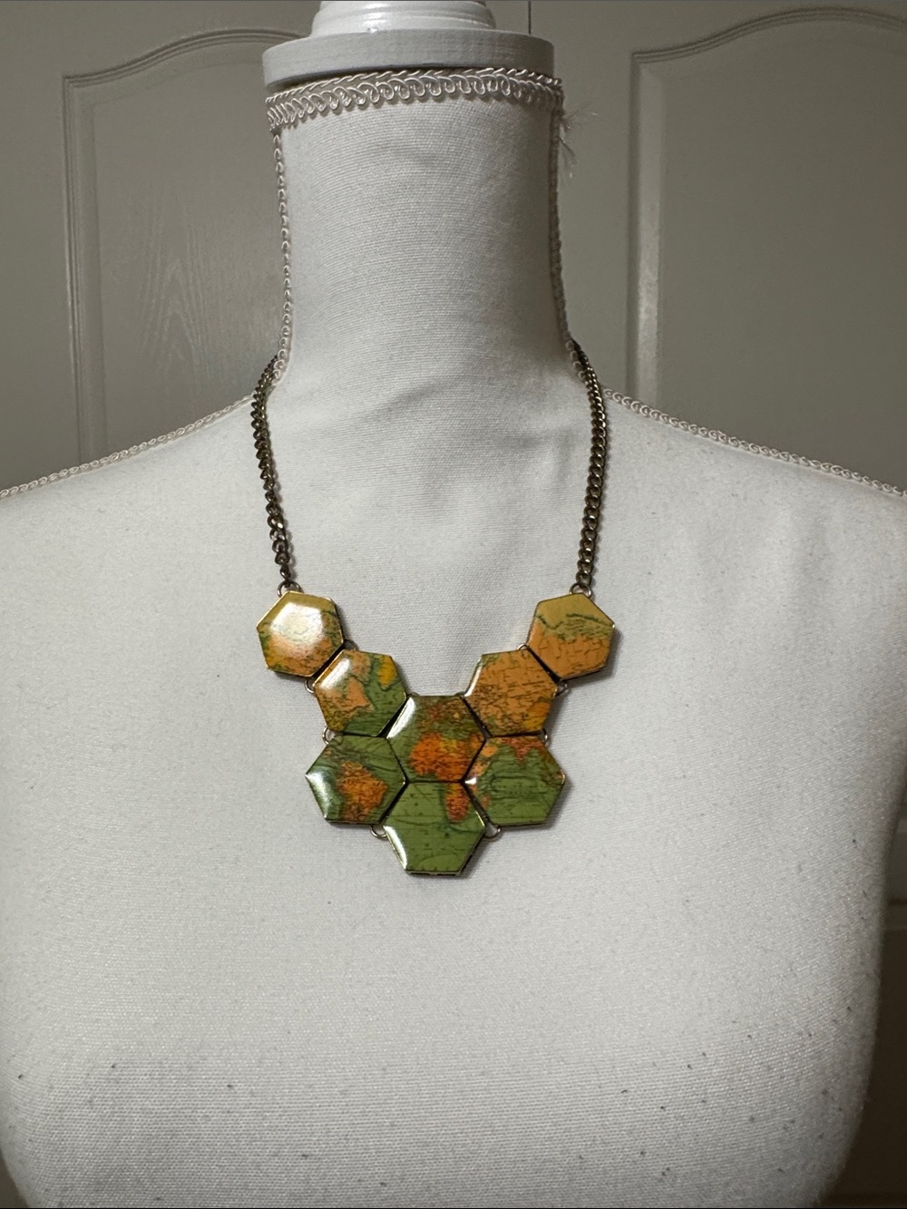 Hexagon Mosaic World Map Statement Necklace